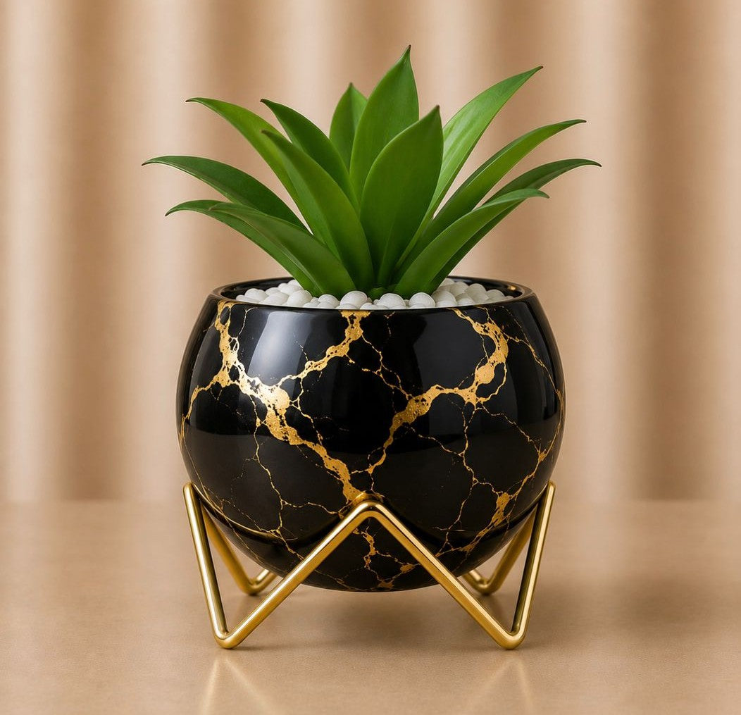 Premium Spherical Ceramic Plant Pot with Gold Trim and Artificial Plant