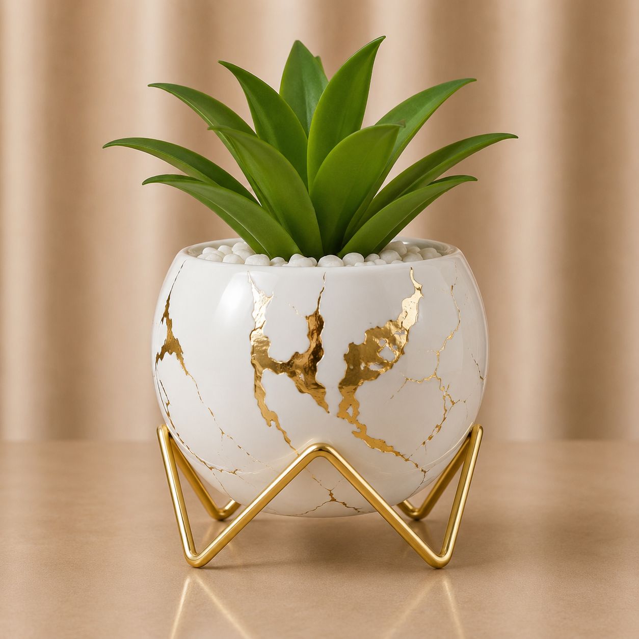 Premium Spherical Ceramic Plant Pot with Gold Trim and Artificial Plant