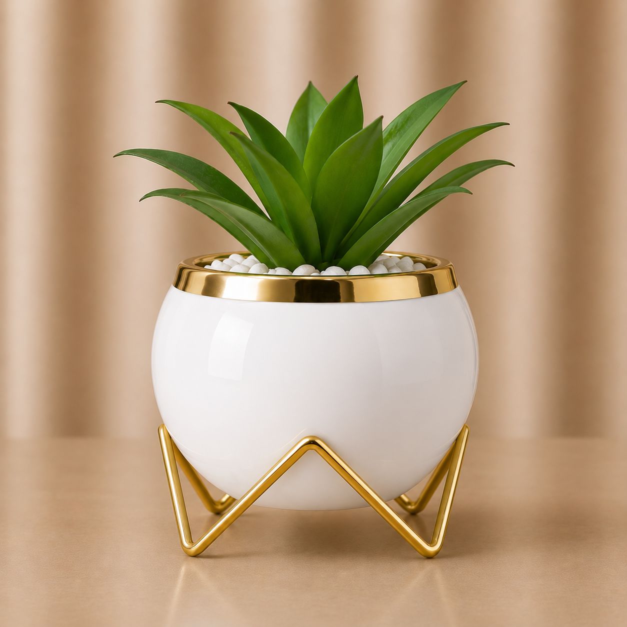 Premium Spherical Ceramic Plant Pot with Gold Trim and Artificial Plant