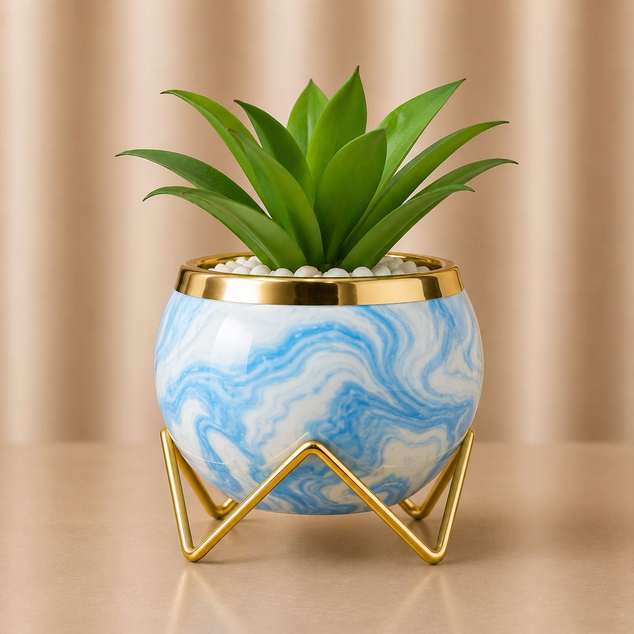 Premium Spherical Ceramic Plant Pot with Gold Trim and Artificial Plant