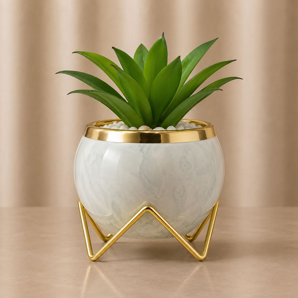 Premium Spherical Ceramic Plant Pot with Gold Trim and Artificial Plant