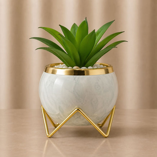 Premium Spherical Ceramic Plant Pot with Gold Trim and Artificial Plant