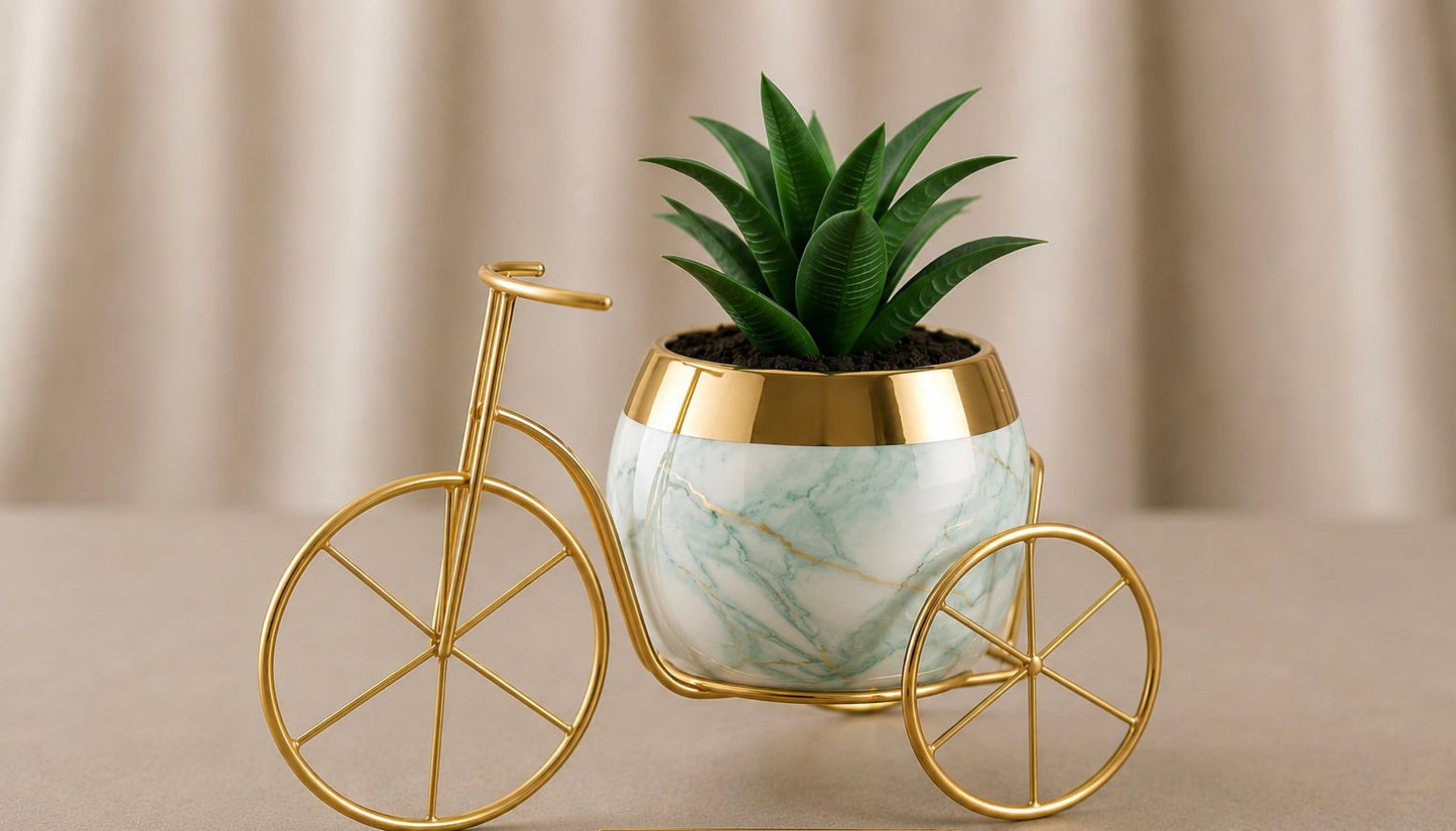 Gold Bicycle Plant Stand with Ceramic Pot and Artificial Plant
