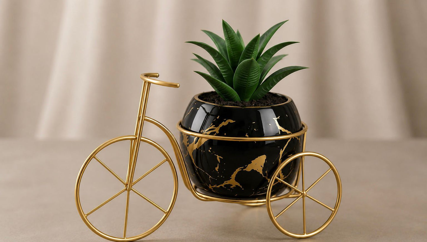 Gold Bicycle Plant Stand with Ceramic Pot and Artificial Plant