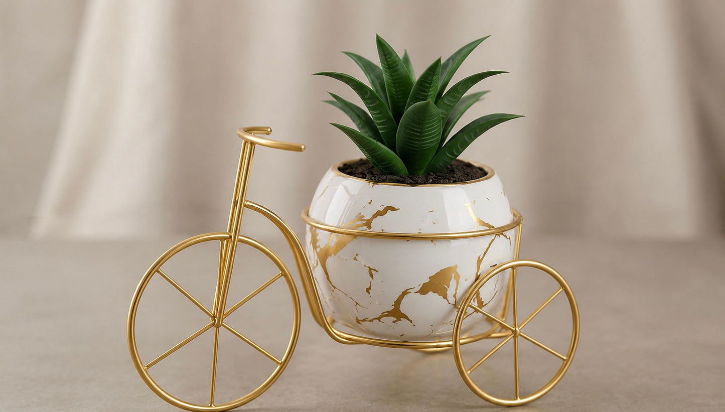 Gold Bicycle Plant Stand with Ceramic Pot and Artificial Plant
