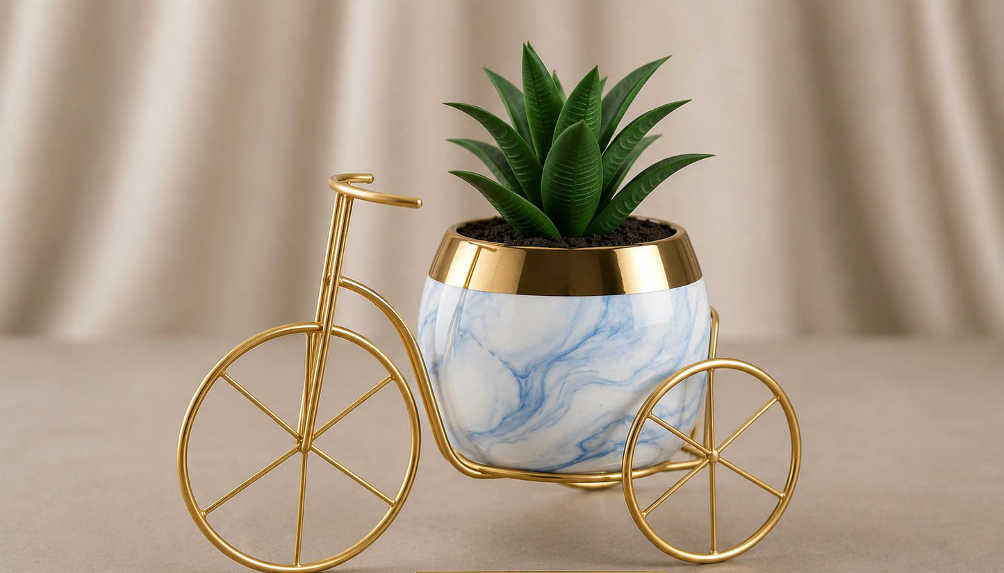 Gold Bicycle Plant Stand with Ceramic Pot and Artificial Plant